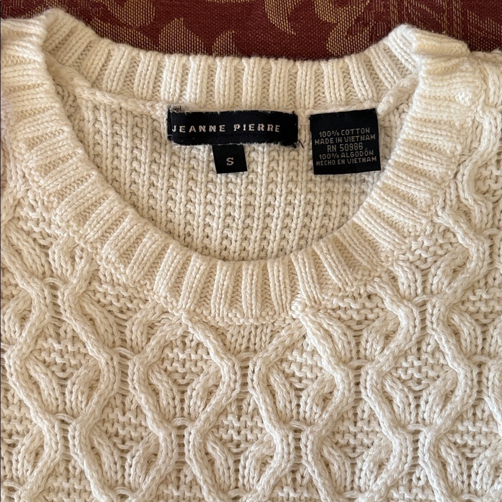 Jeanne Pierre Cotton Ivory Cable crewneck Knit Sweater Size Small